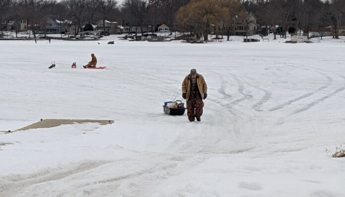 Accessing ice fishing on the Fox Chain O'Lakes